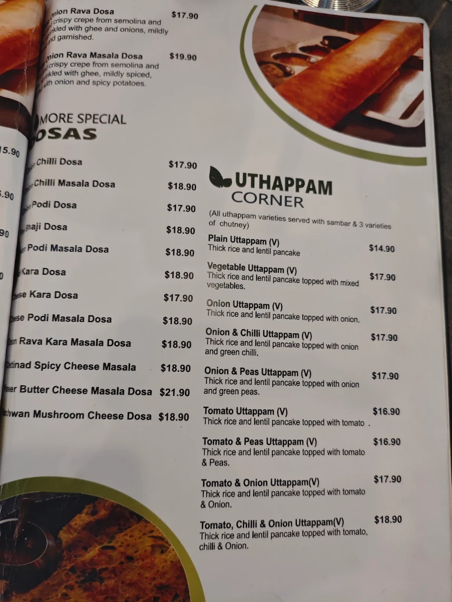 Menu, Saravanaa Bhavan