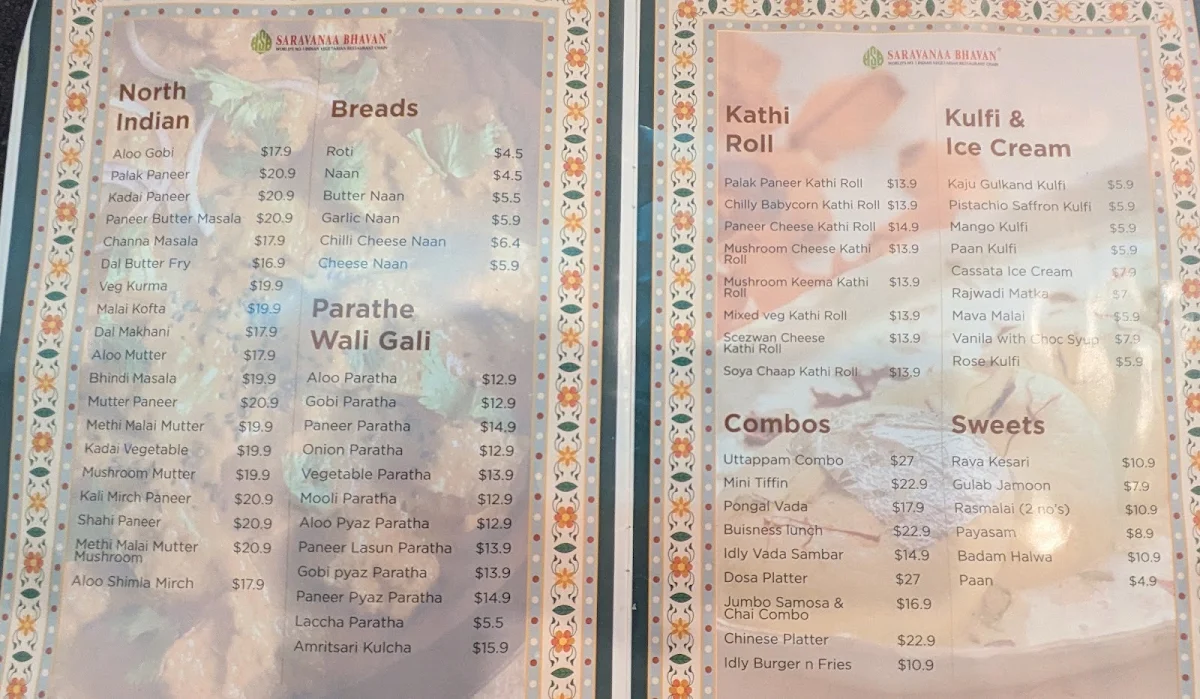 Menu, Saravanaa Bhavan