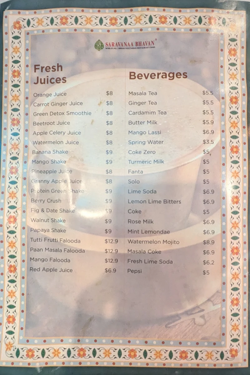 Menu, Saravanaa Bhavan
