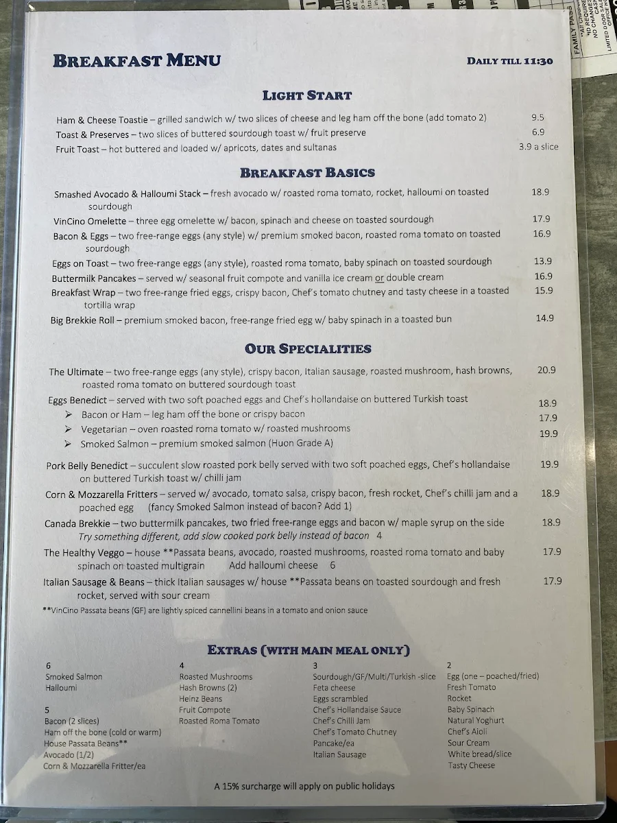 Menu, Cafe VinCino