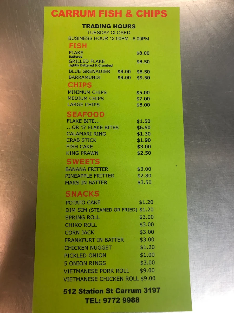 Menu, Carrum Fish & Chips