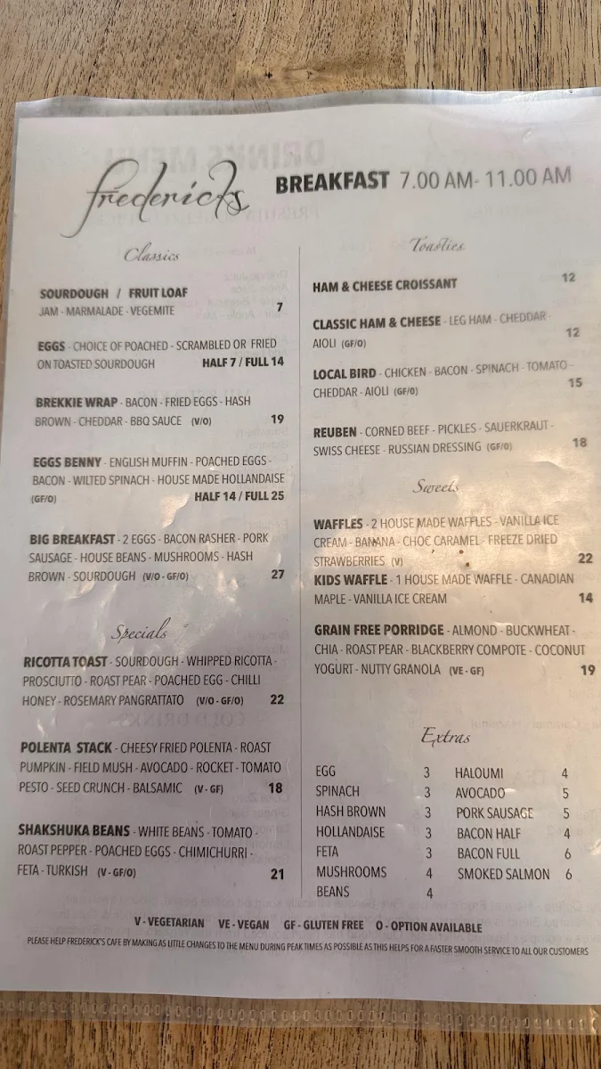Menu, Frederick's Café