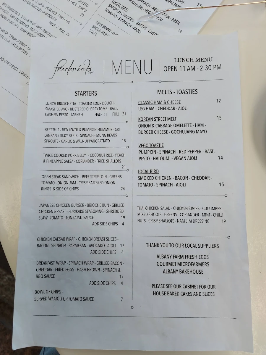 Menu, Frederick's Café
