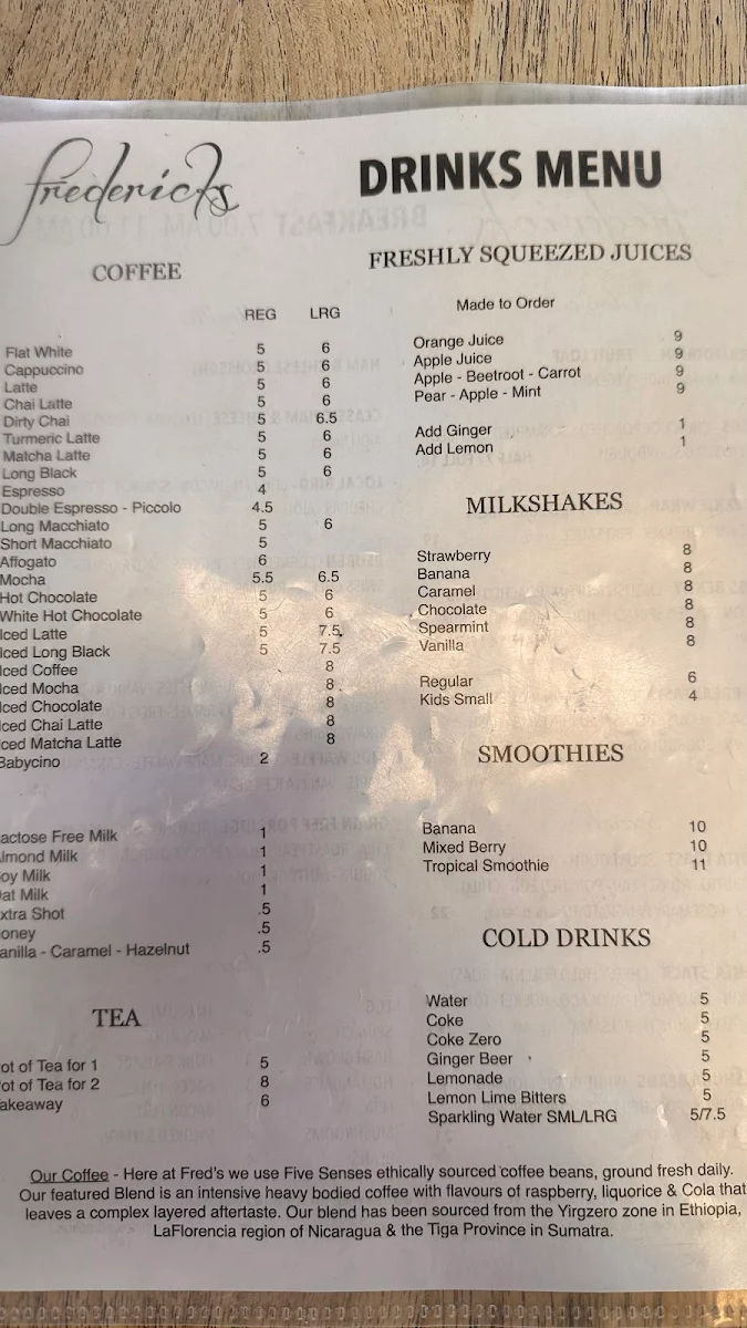Menu, Frederick's Café