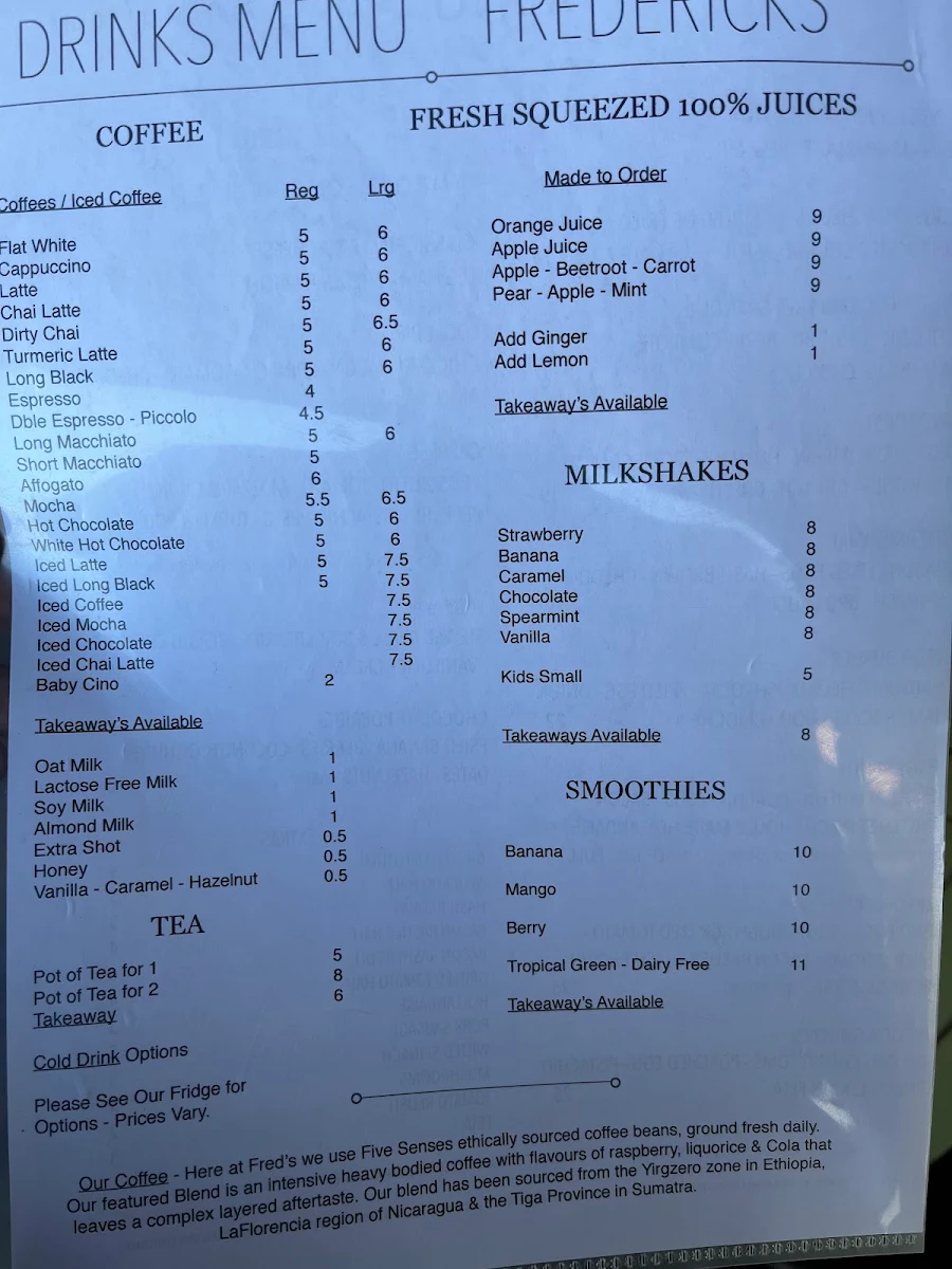 Menu, Frederick's Café