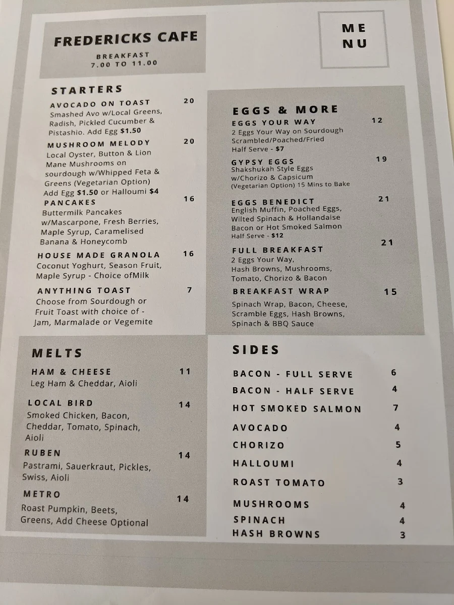 Menu, Frederick's Café