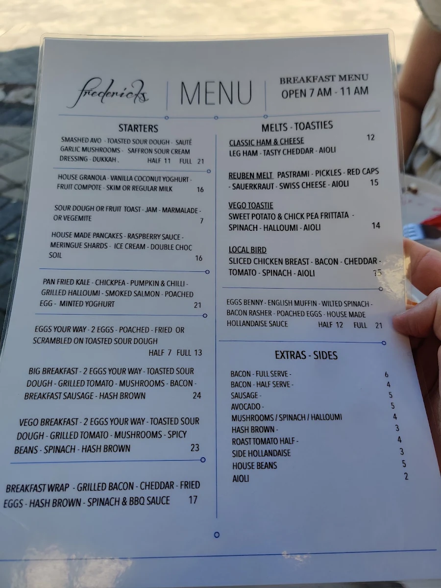Menu, Frederick's Café