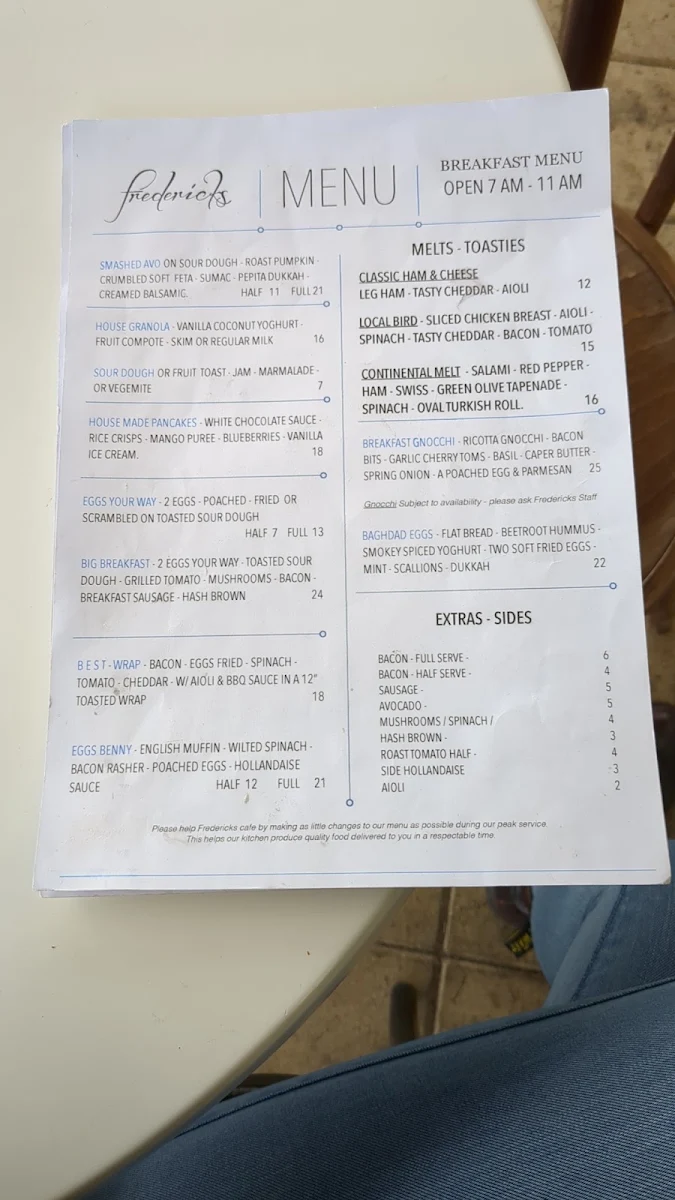 Menu, Frederick's Café
