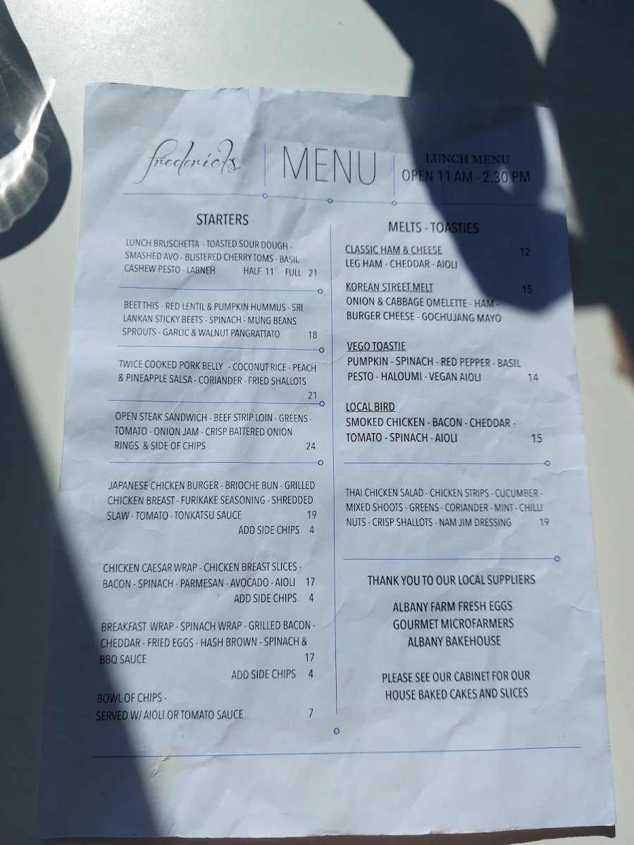 Menu, Frederick's Café