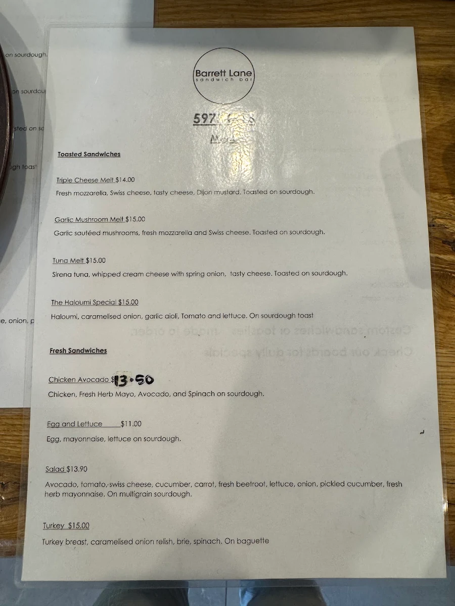 Menu, Barrett Lane Sandwich Bar