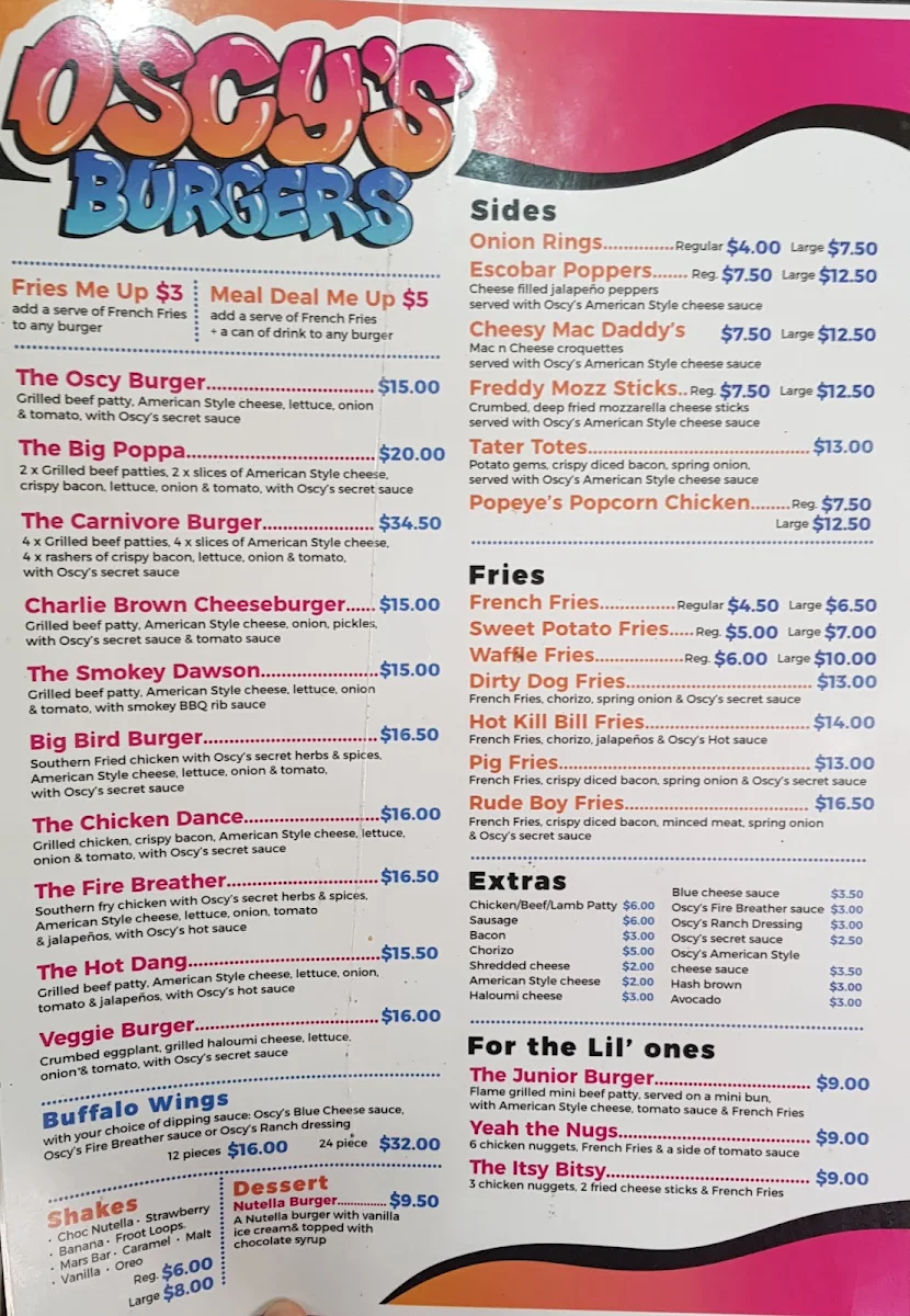Menu, Oscy's Burgers Greenway