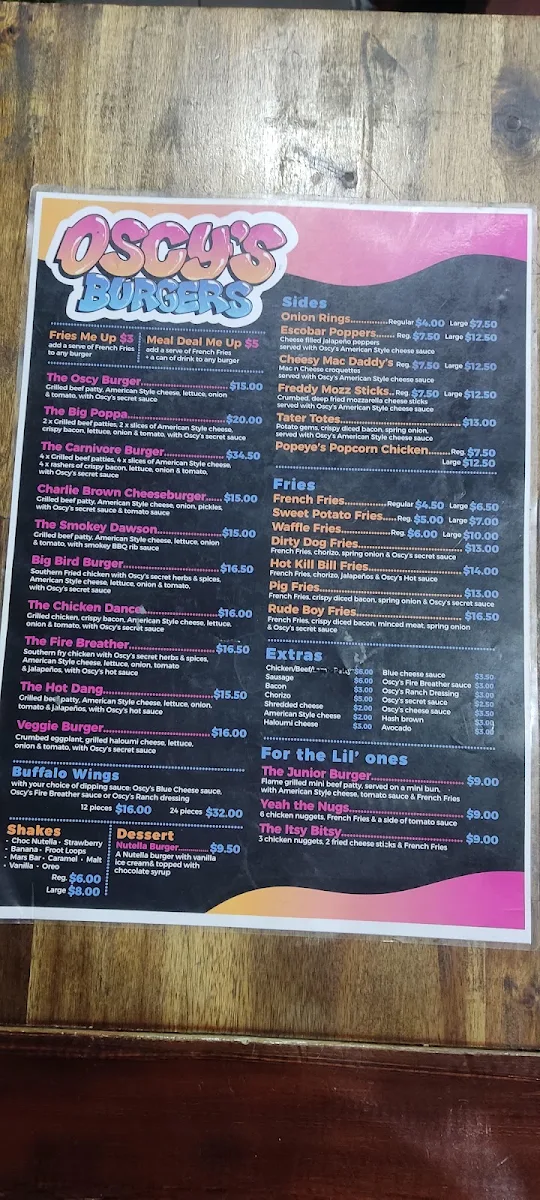 Menu, Oscy's Burgers Greenway
