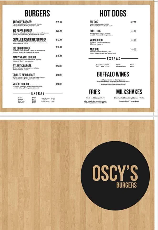 Menu, Oscy's Burgers Greenway