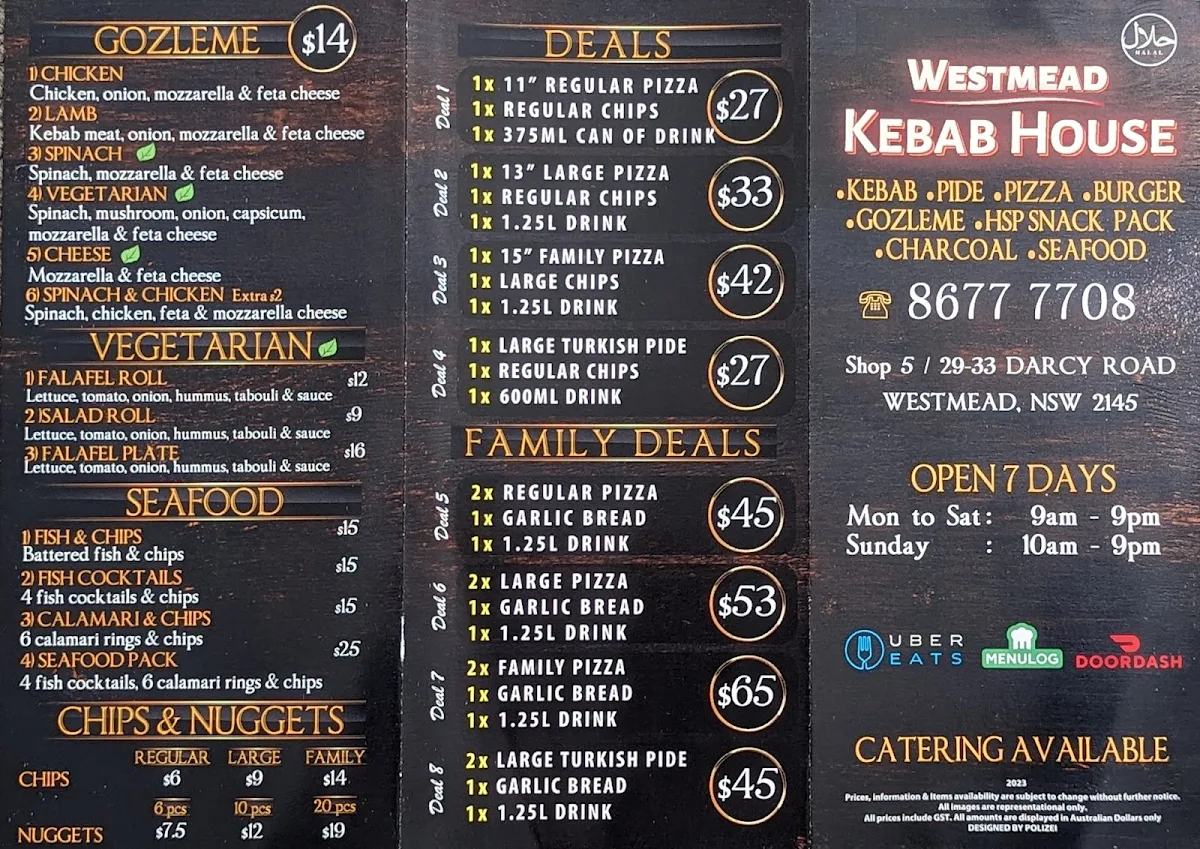 Menu, Westmead Kebab House
