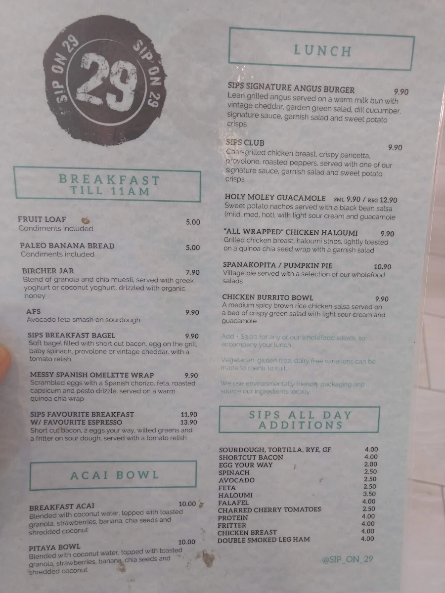 Menu, Sip On 29