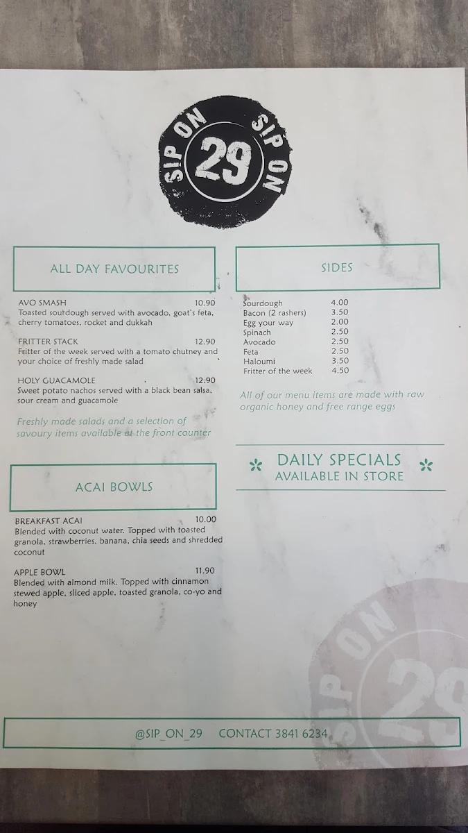 Menu, Sip On 29