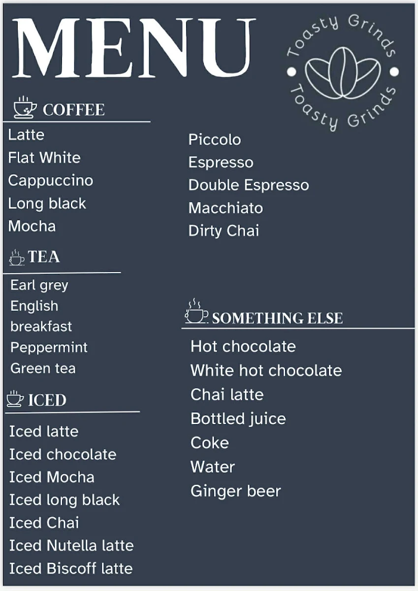 Menu, Toasty Grinds Mobile Coffee Van