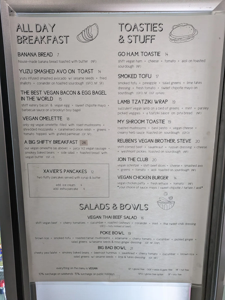 Menu, Shift Eatery