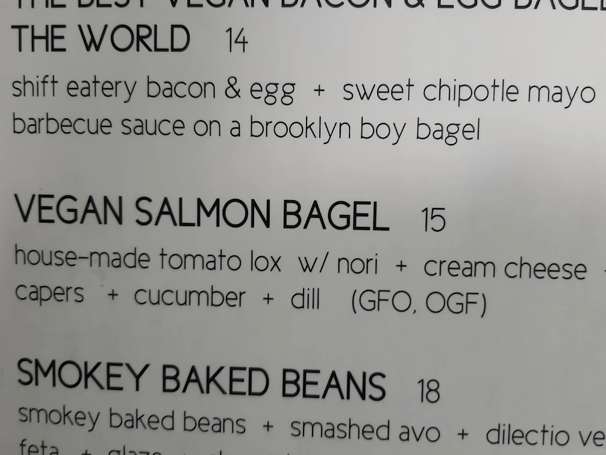 Menu, Shift Eatery
