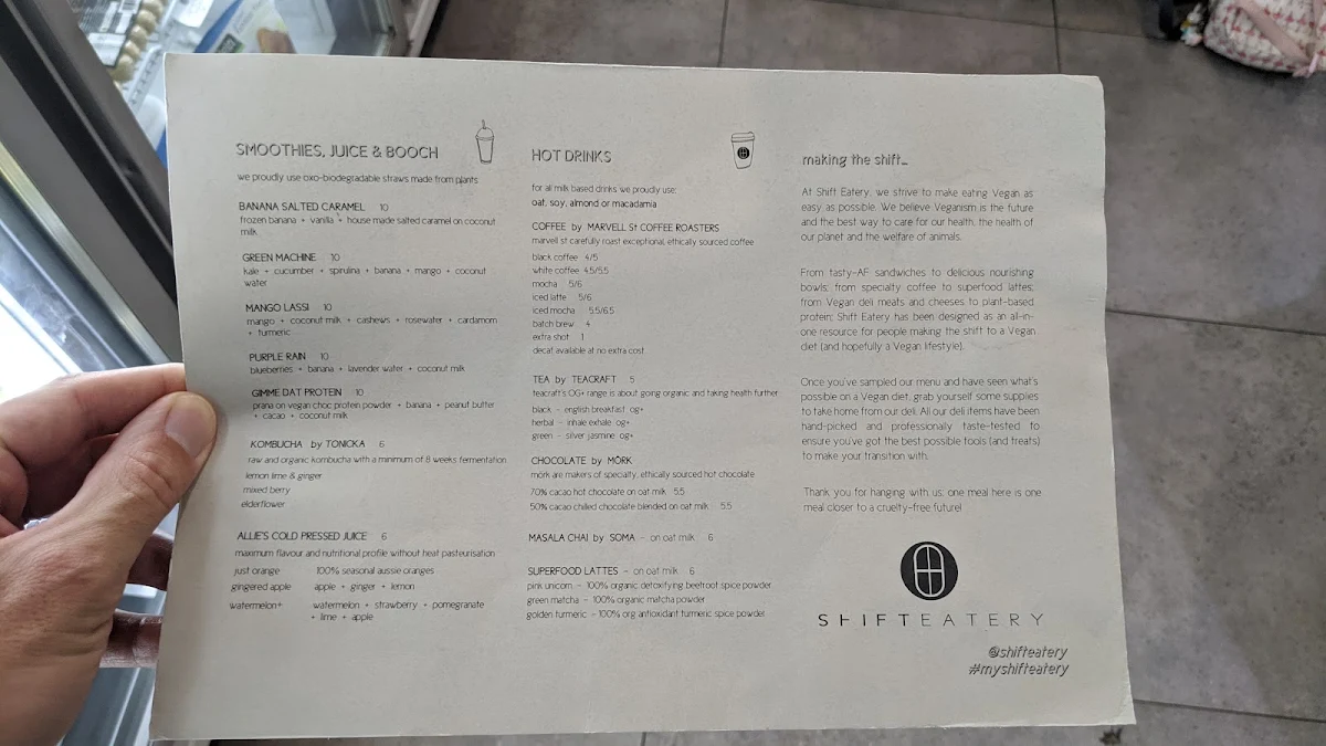 Menu, Shift Eatery