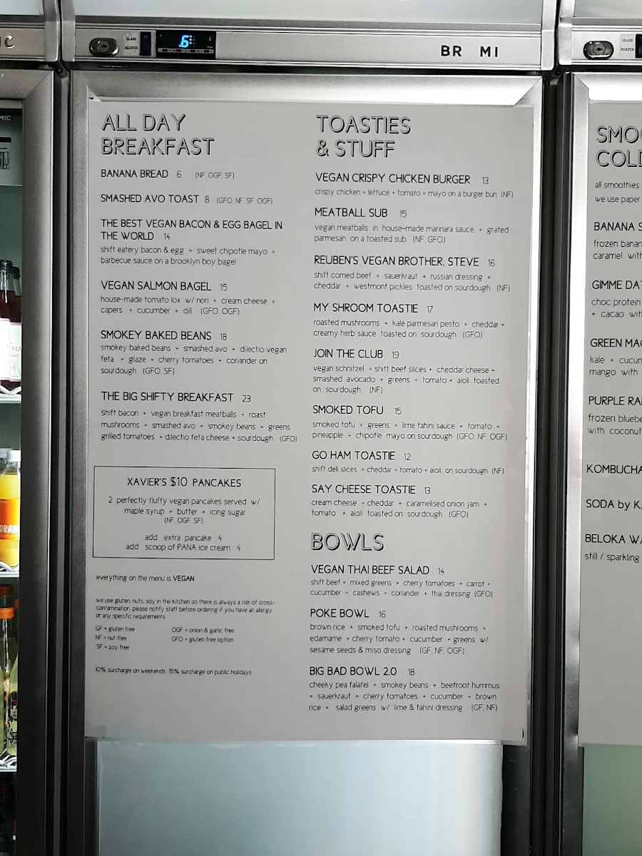 Menu, Shift Eatery