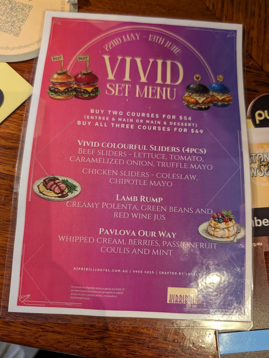 Menu, Kirribilli Hotel