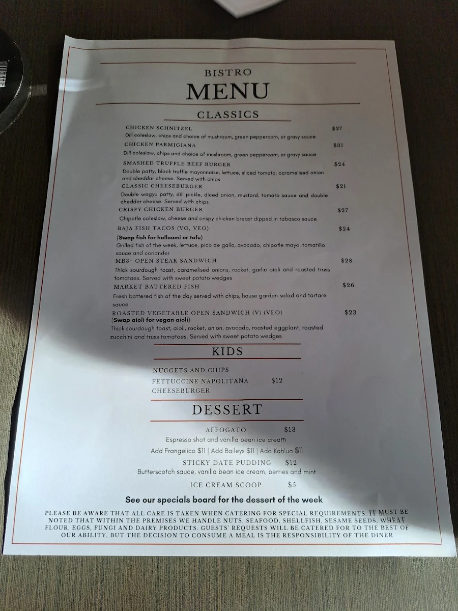 Menu, Kirribilli Hotel