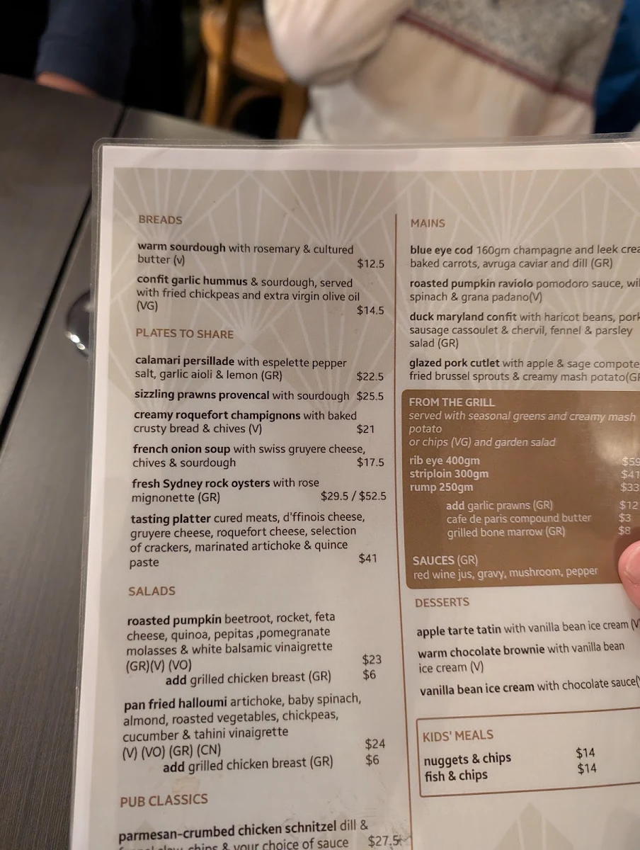 Menu, Kirribilli Hotel