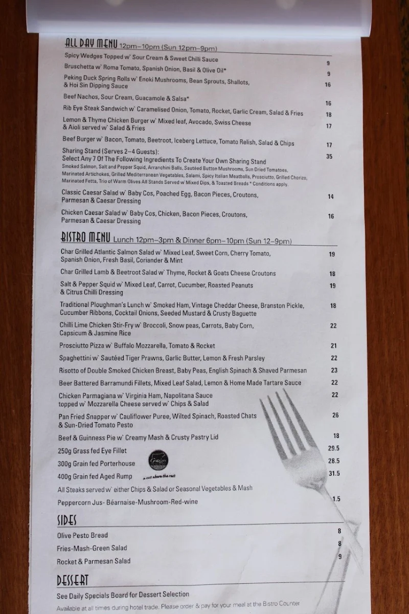 Menu, Kirribilli Hotel