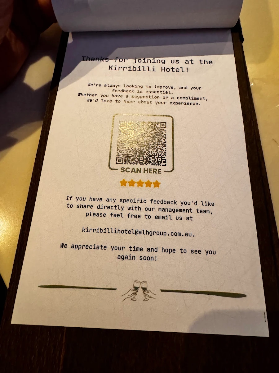 Menu, Kirribilli Hotel