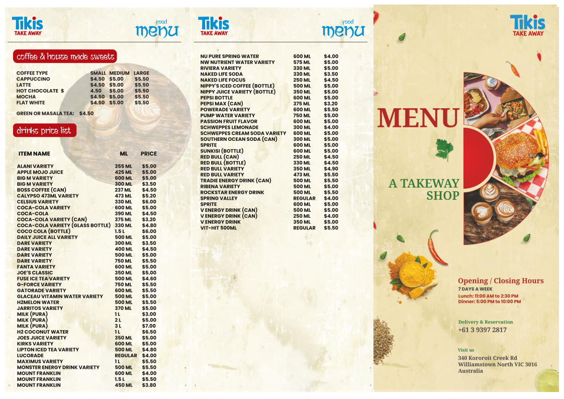 Menu, Lee's Tikis Takeaway