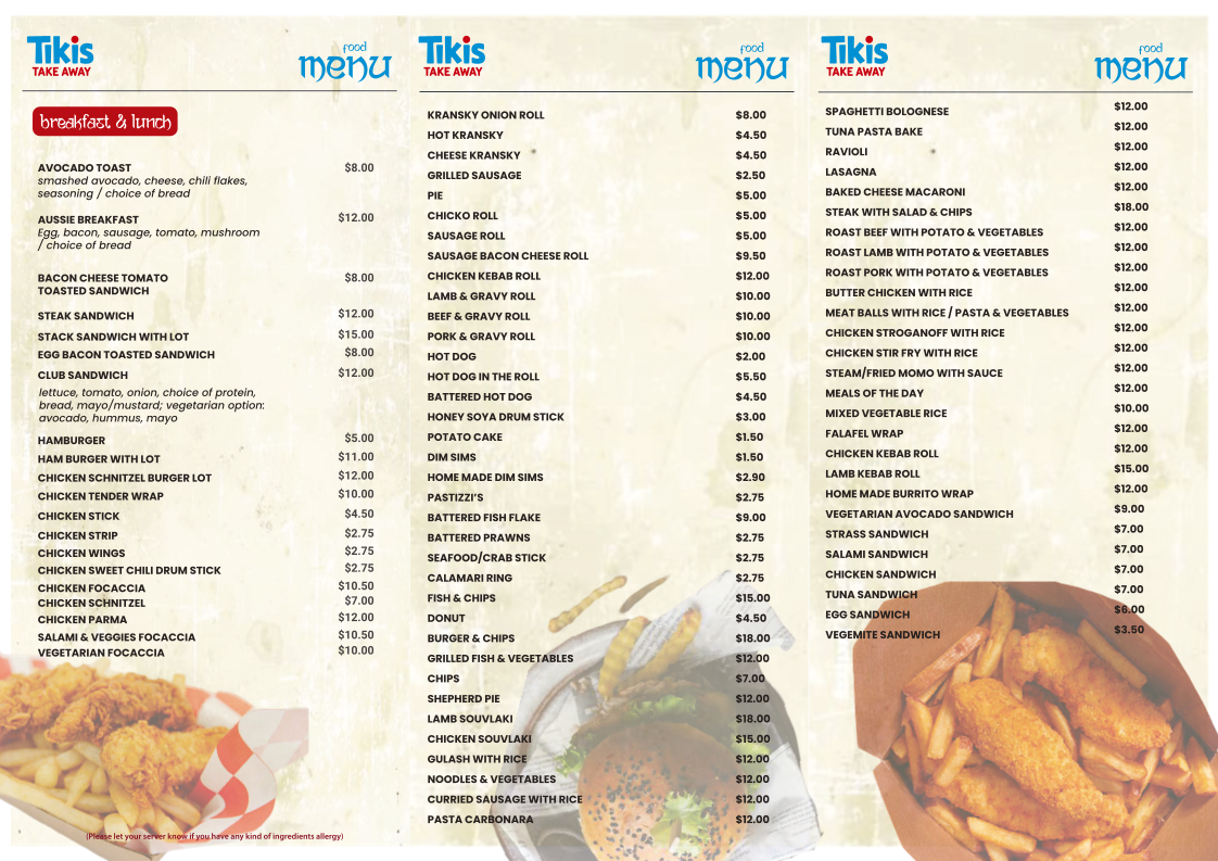 Menu, Lee's Tikis Takeaway