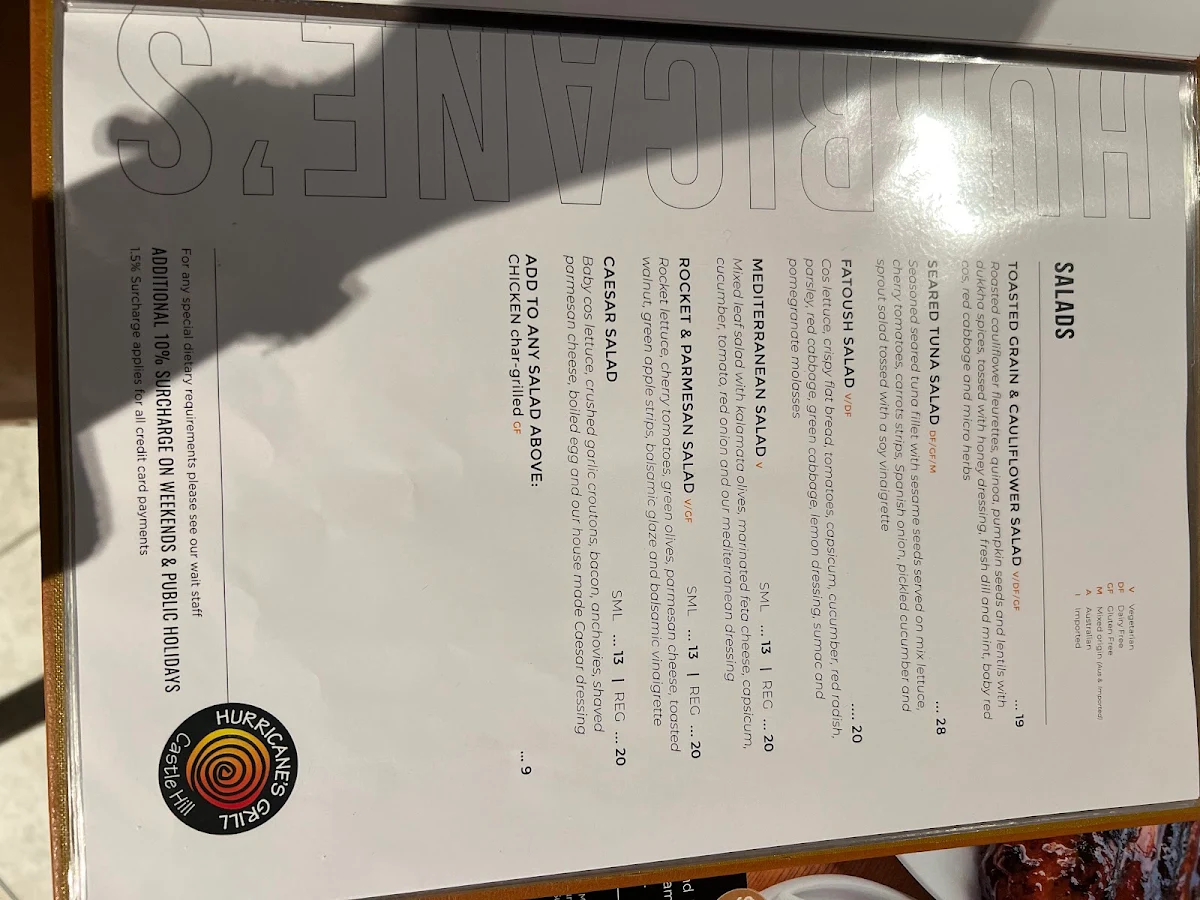 Menu, Hurricane's Grill Castle Hill