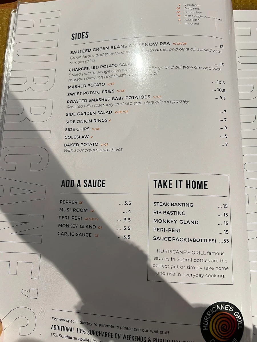 Menu, Hurricane's Grill Castle Hill