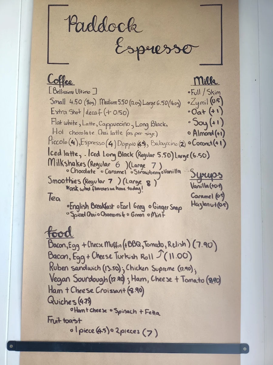 Menu, Paddock Espresso