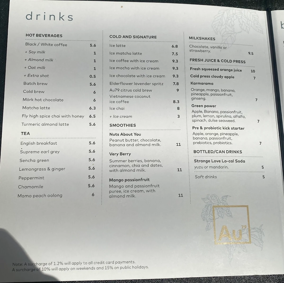 Menu, Au79 Cafe