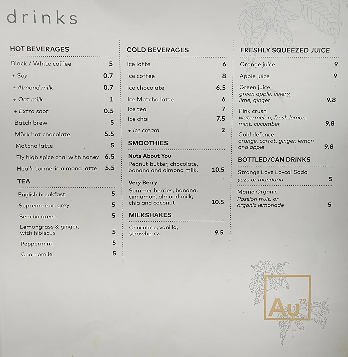 Menu, Au79 Cafe