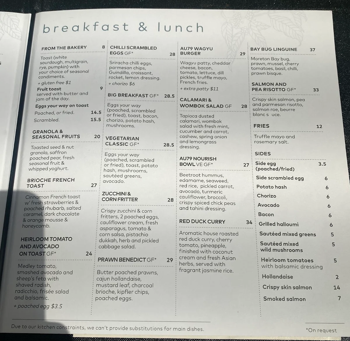 Menu, Au79 Cafe
