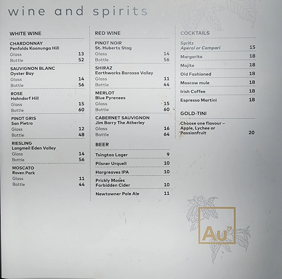 Menu, Au79 Cafe