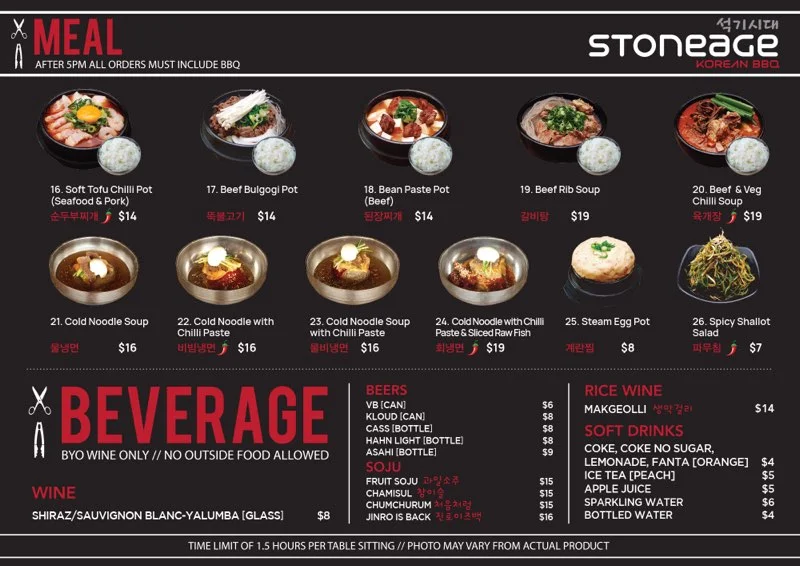 Menu, Stoneage Korean BBQ Hurstville