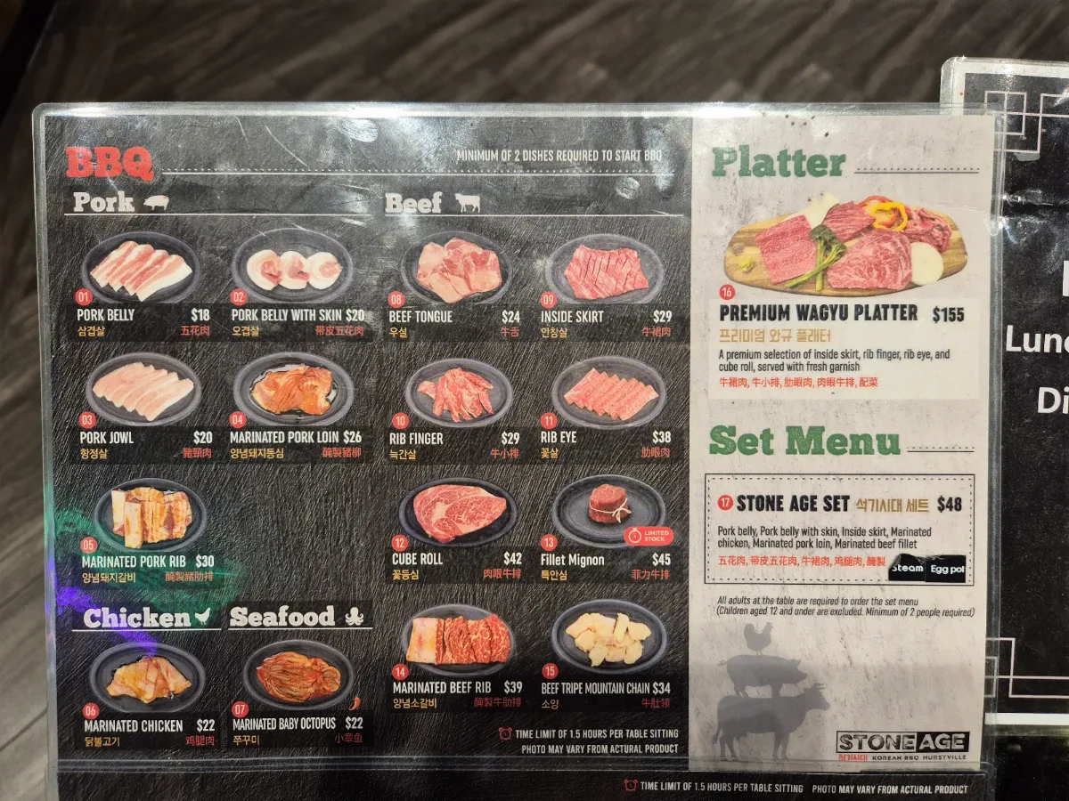 Menu, Stoneage Korean BBQ Hurstville