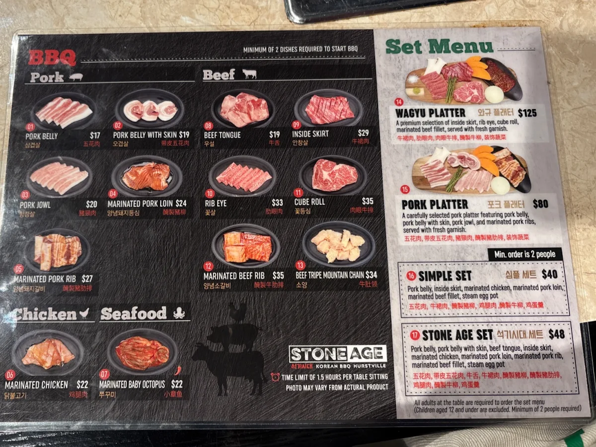Menu, Stoneage Korean BBQ Hurstville