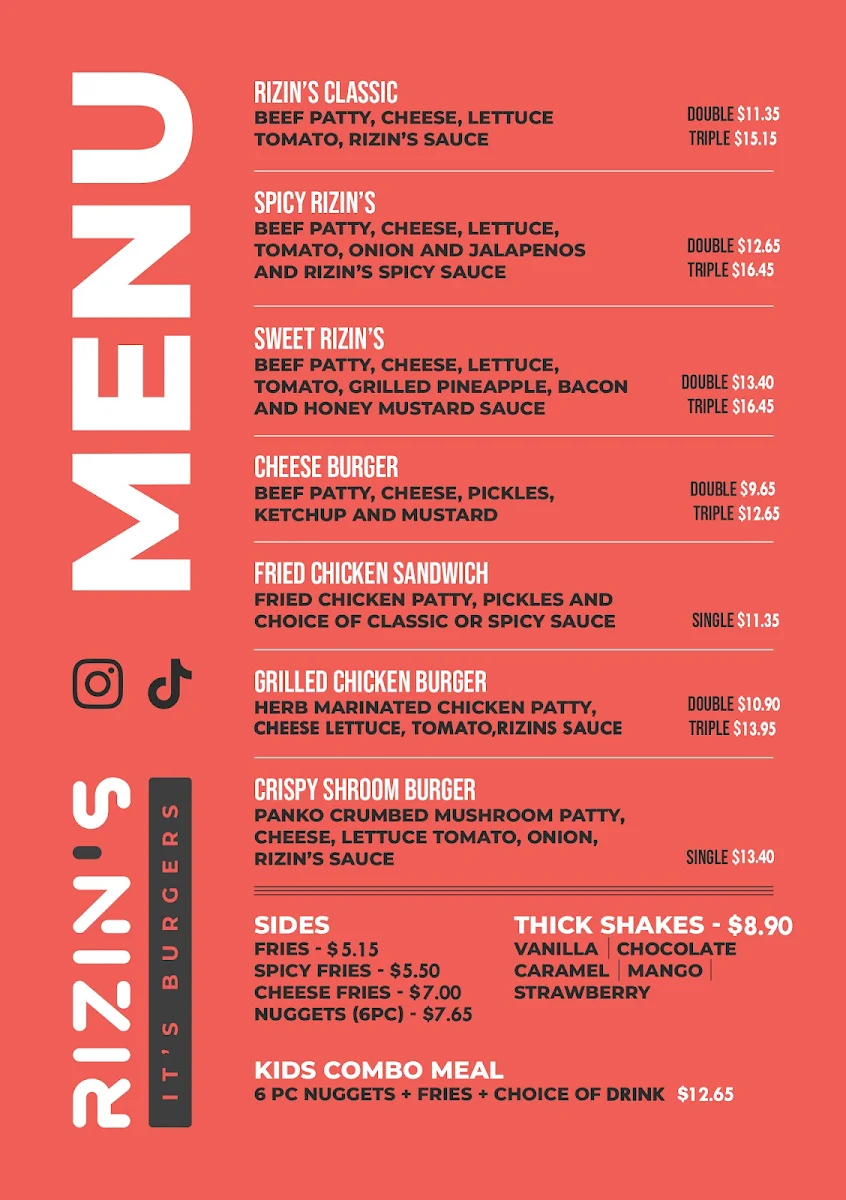 Menu, Rizin's Smash Burgers