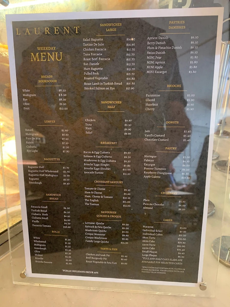 Menu, Laurent Bakery Camberwell