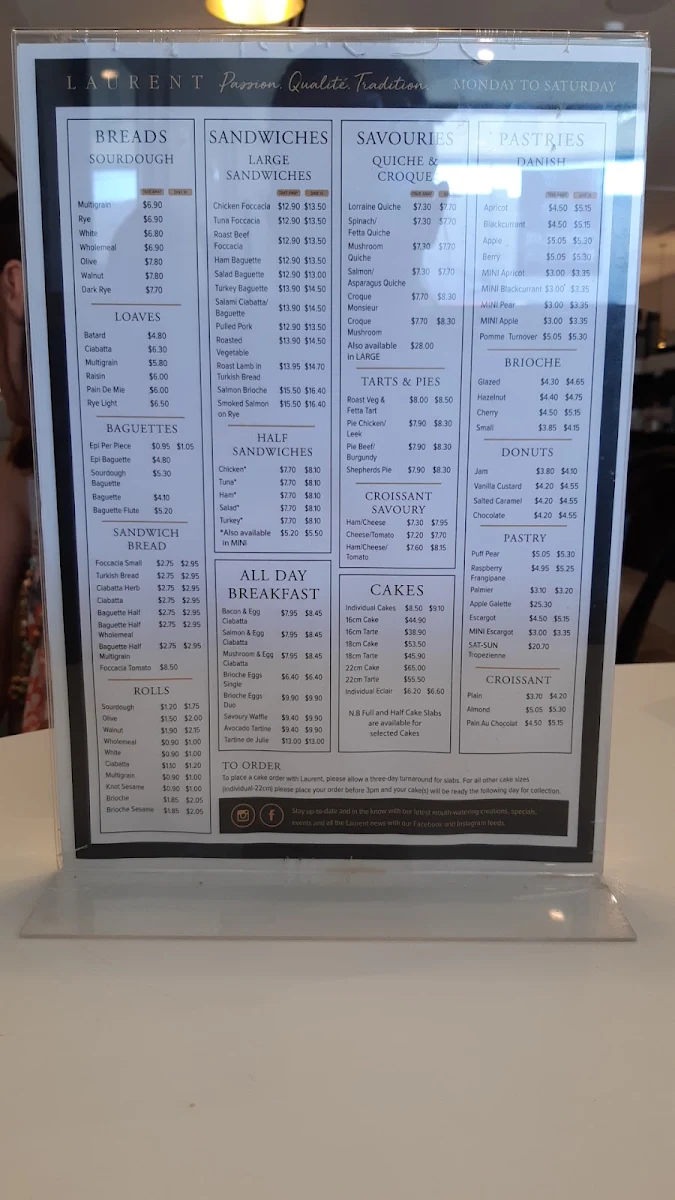 Menu, Laurent Bakery Camberwell