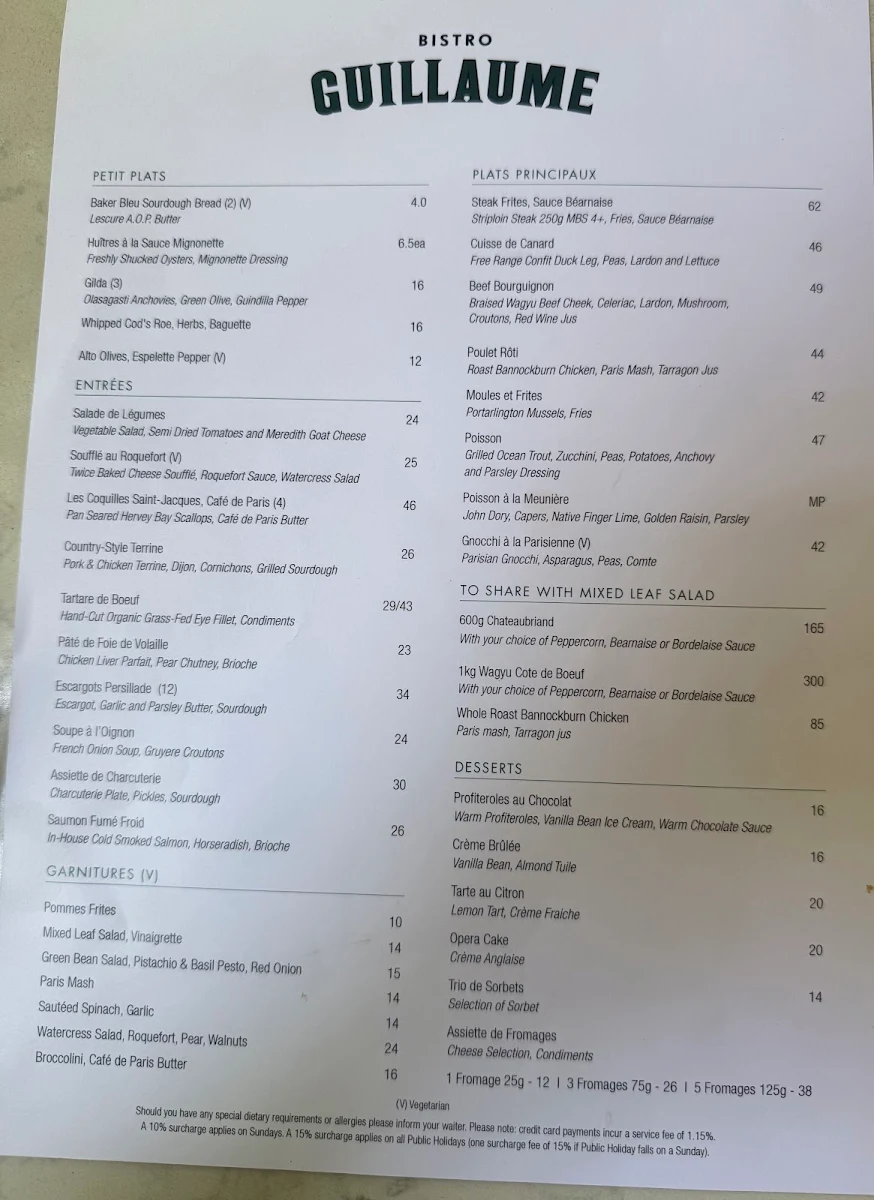 Menu, Bistro Guillaume