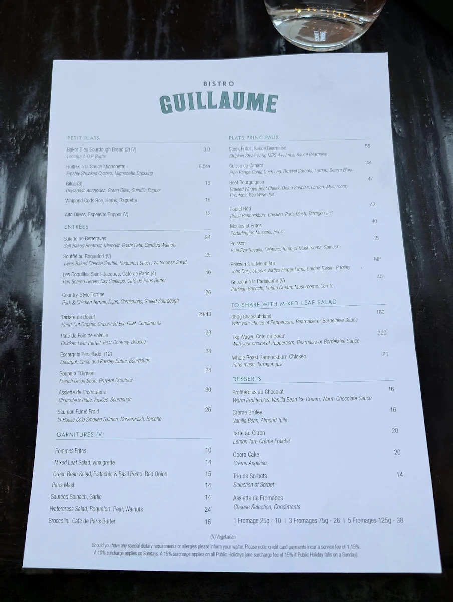 Menu, Bistro Guillaume