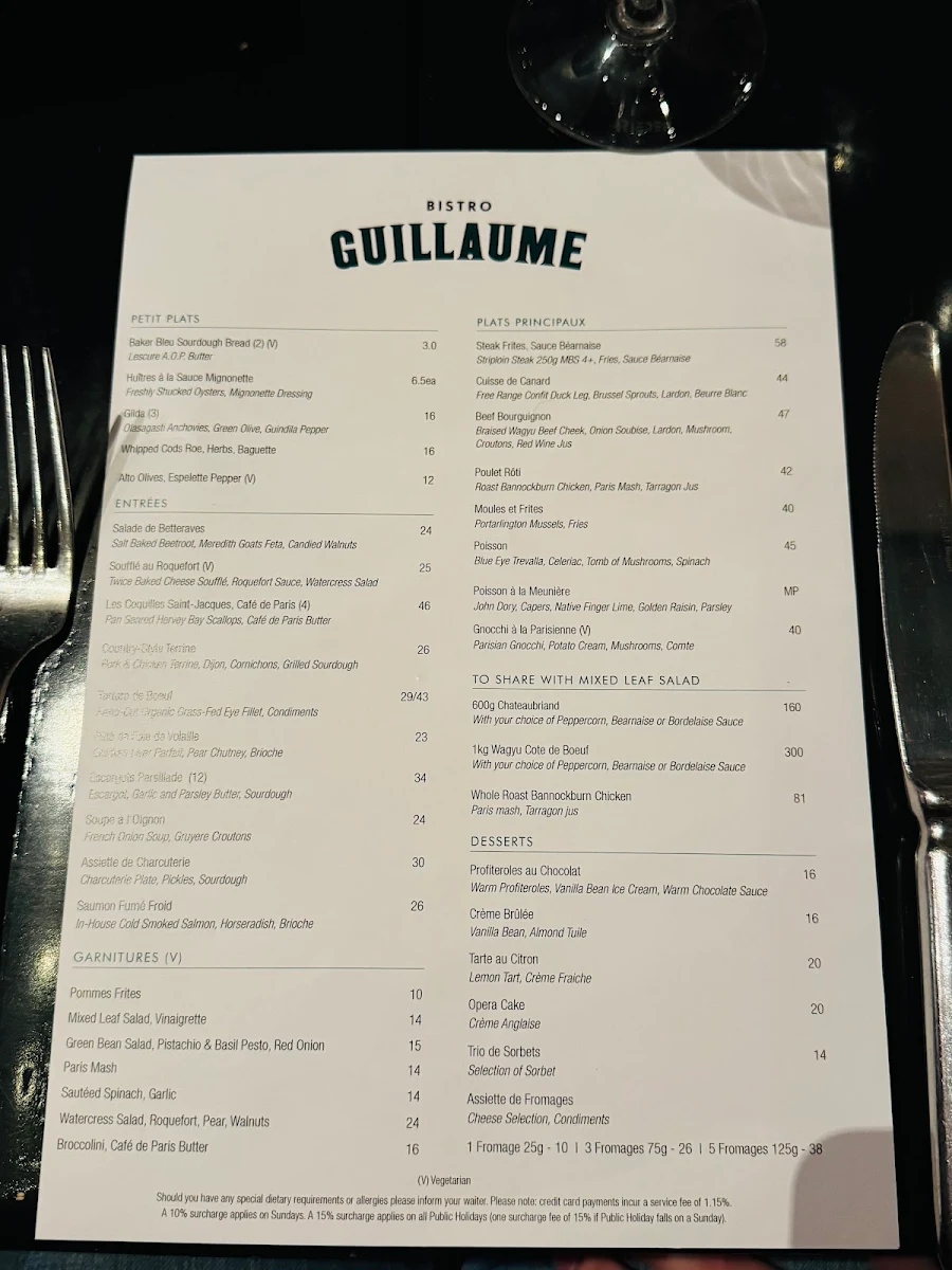 Menu, Bistro Guillaume