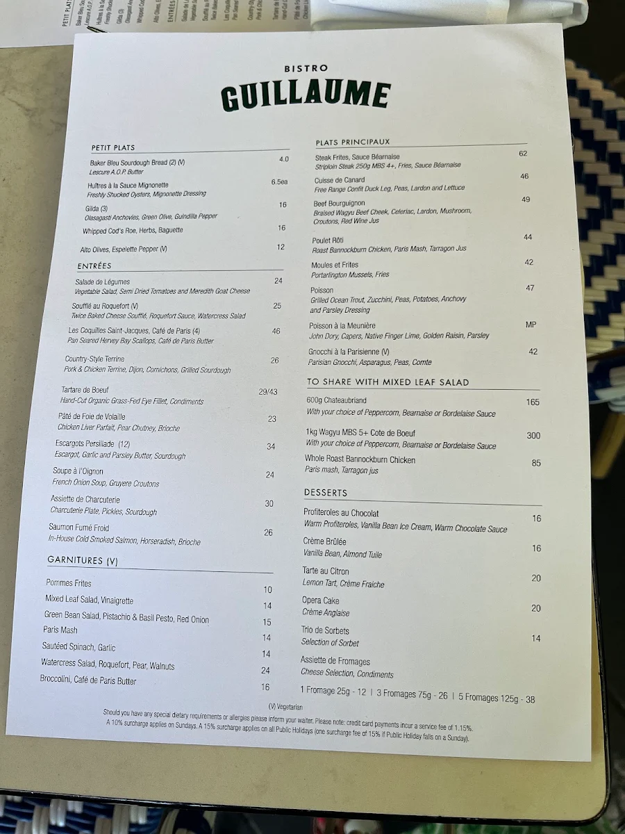 Menu, Bistro Guillaume