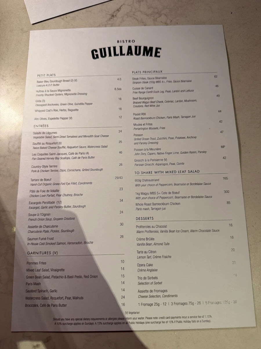 Menu, Bistro Guillaume